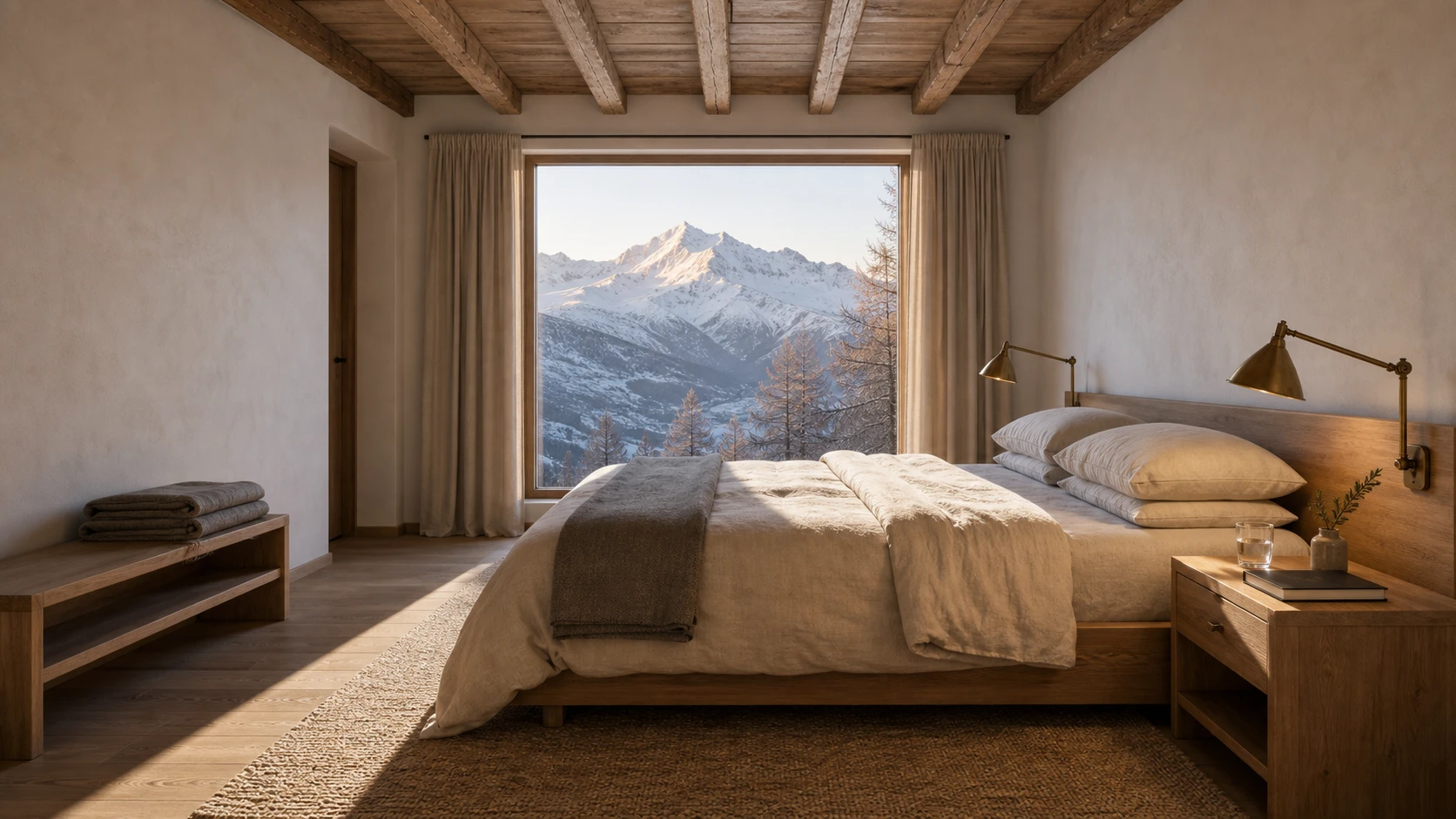 The Bella Lui bedroom, with a king-size bed in pale linen facing a wall of glass and the snowy mountains.