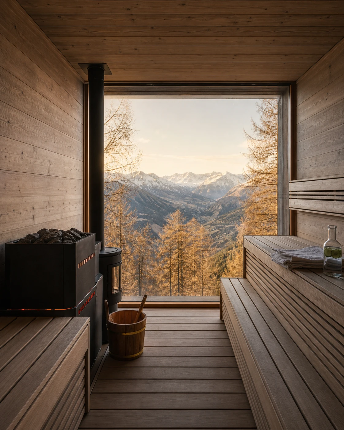 The Finnish cedar sauna, its full-height window framing golden larches and the valley.