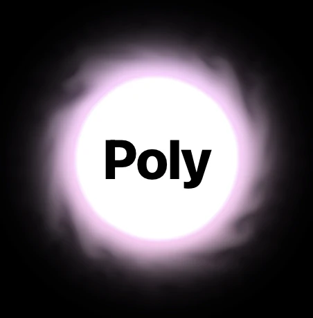Poly wordmark inside a glowing white orb.