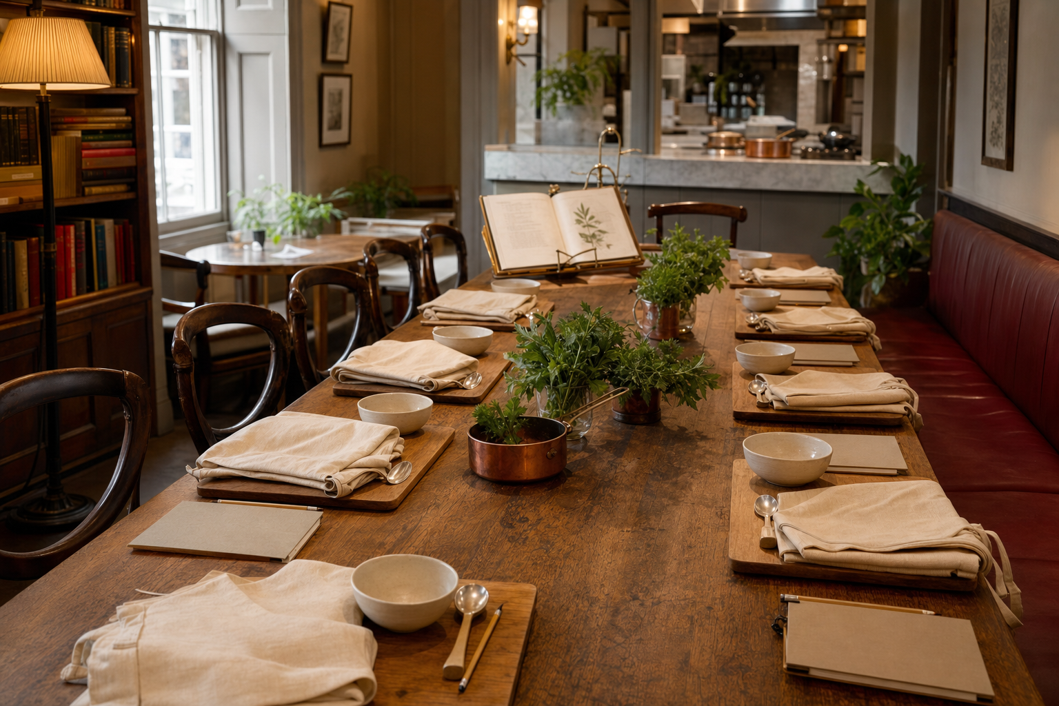 Marginalia's long oak table prepared for an eight-person Saturday cookery class.