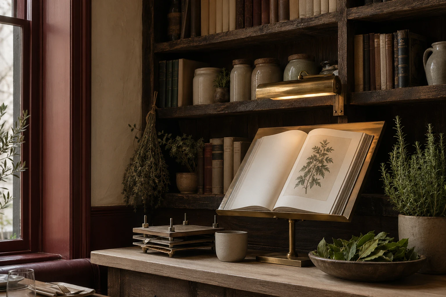 An open herbal on a brass reading stand, candlelit against Marginalia's wall of cookbooks.