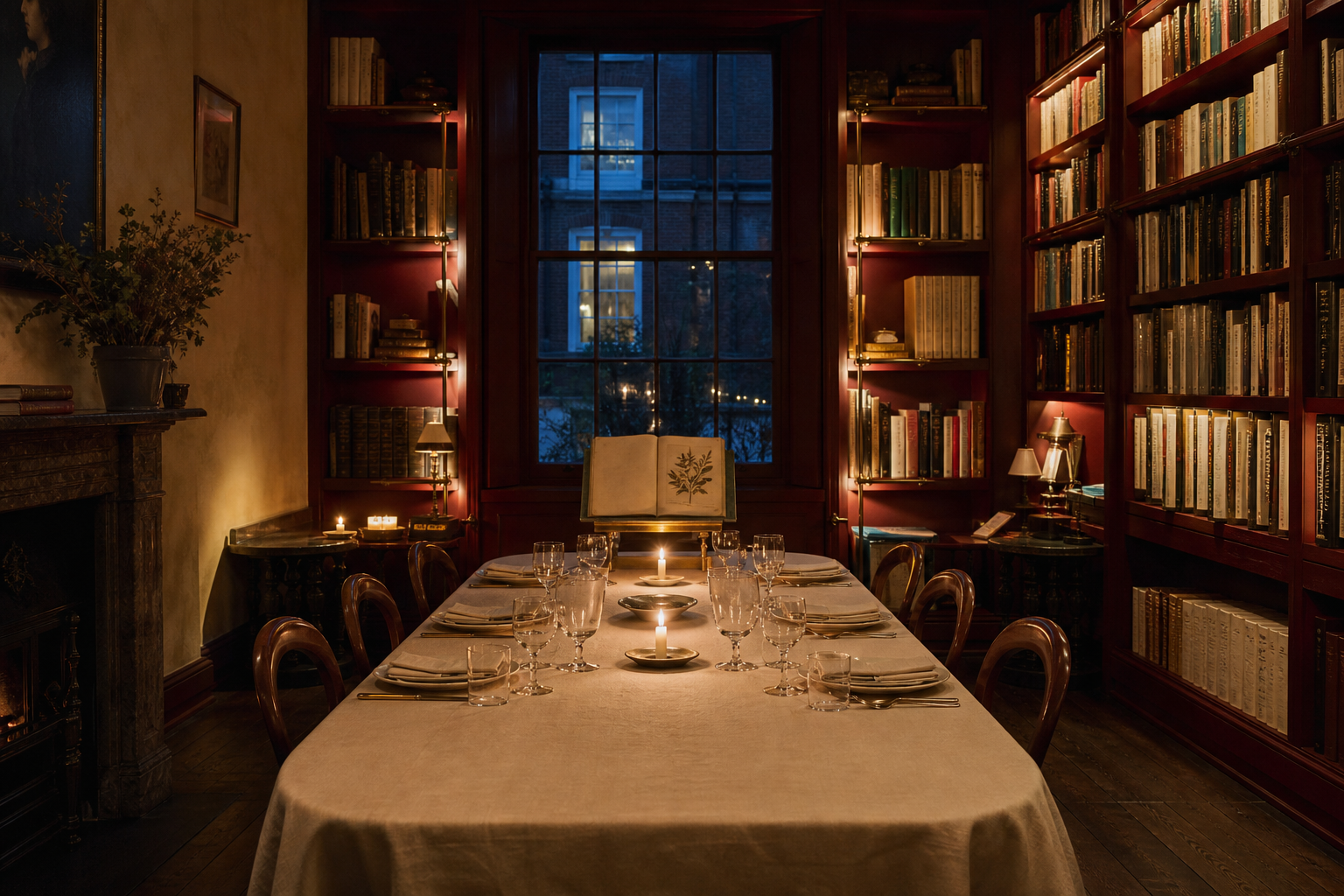 Marginalia's first-floor cookbook library prepared for an eight-cover private dinner.