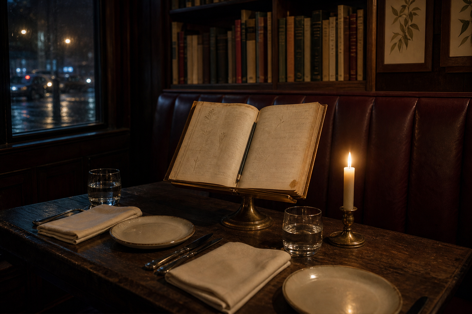 An open cookbook on a brass stand between two candlelit place settings at Marginalia.