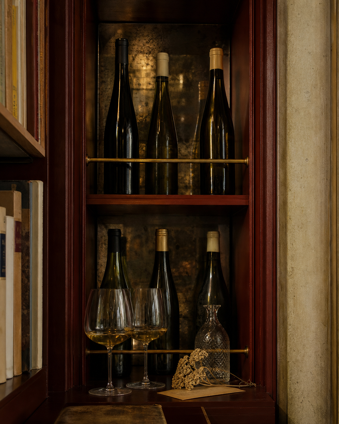 Marginalia's oxblood wine-pairing cabinet with white-wine bottles, tasting glasses and dried yarrow.