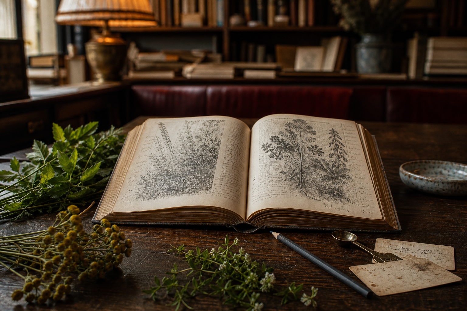 An open herbal with pencil marginalia, fresh herbs and tasting tools on Marginalia's oak table.