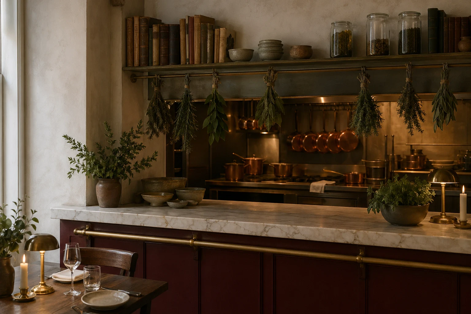 The marble counter and open pass — copper pans, hanging herbs and oxblood cabinetry.