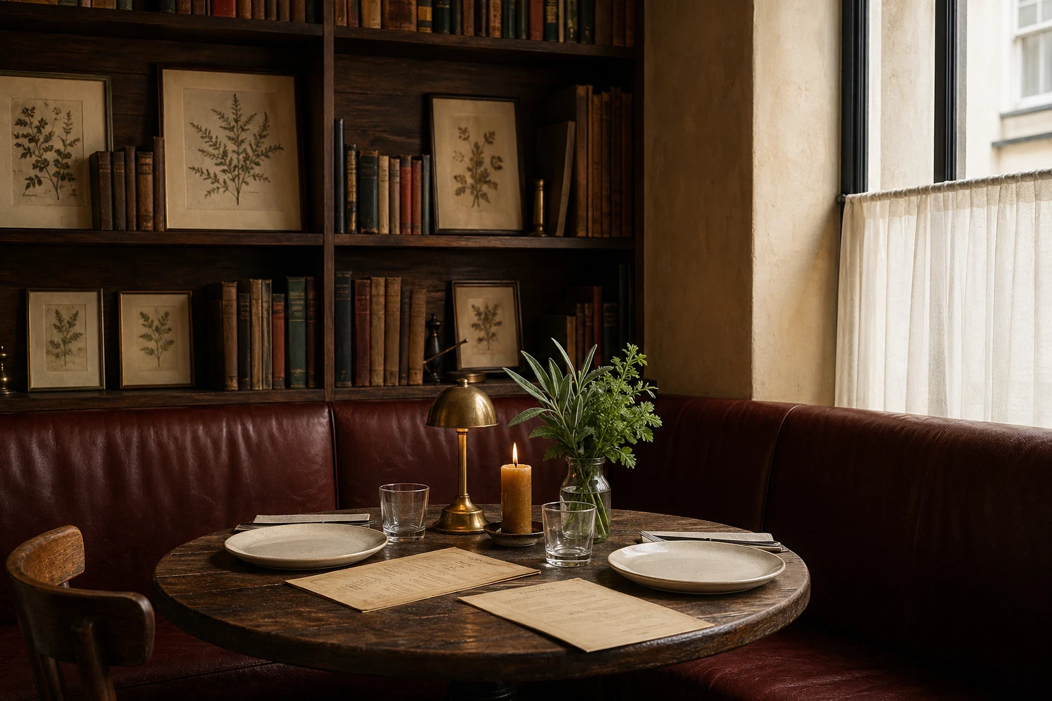 A candlelit window nook with an oxblood banquette and framed botanical prints on the shelves.