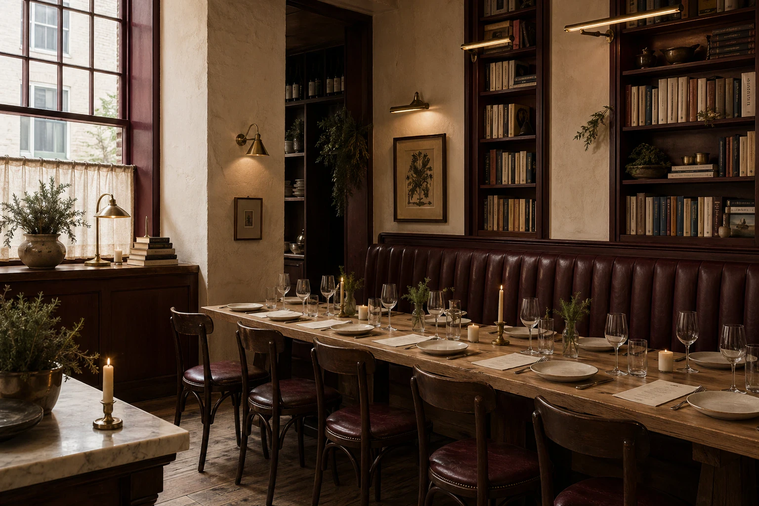 The Marginalia dining room — the long oak table laid for service, oxblood banquette and cookbook shelves behind.