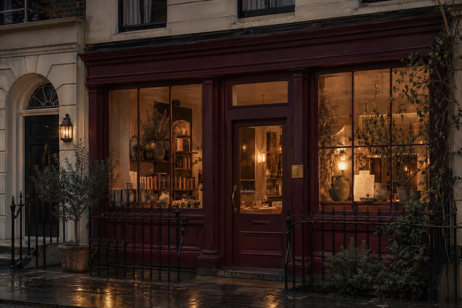 Marginalia's oxblood shopfront glowing at dusk on Paddington Street, the pavement wet with rain.