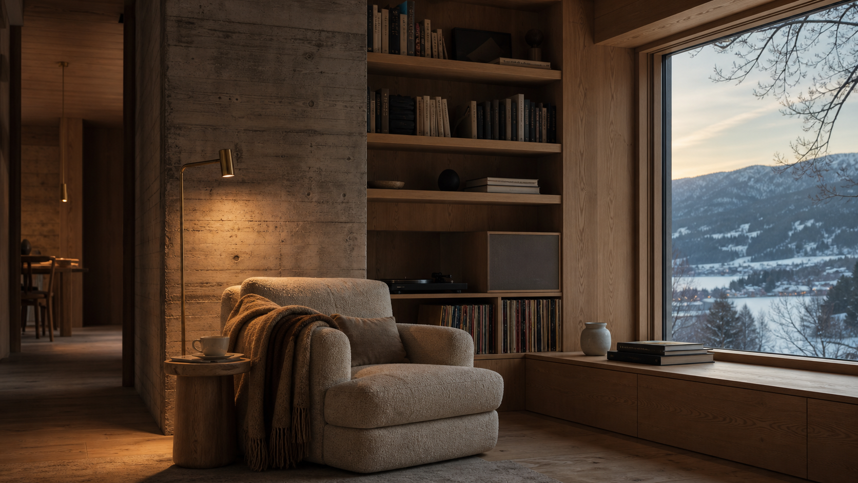 Chalet Solaire's oak reading and record library overlooking a snowy valley at dusk.