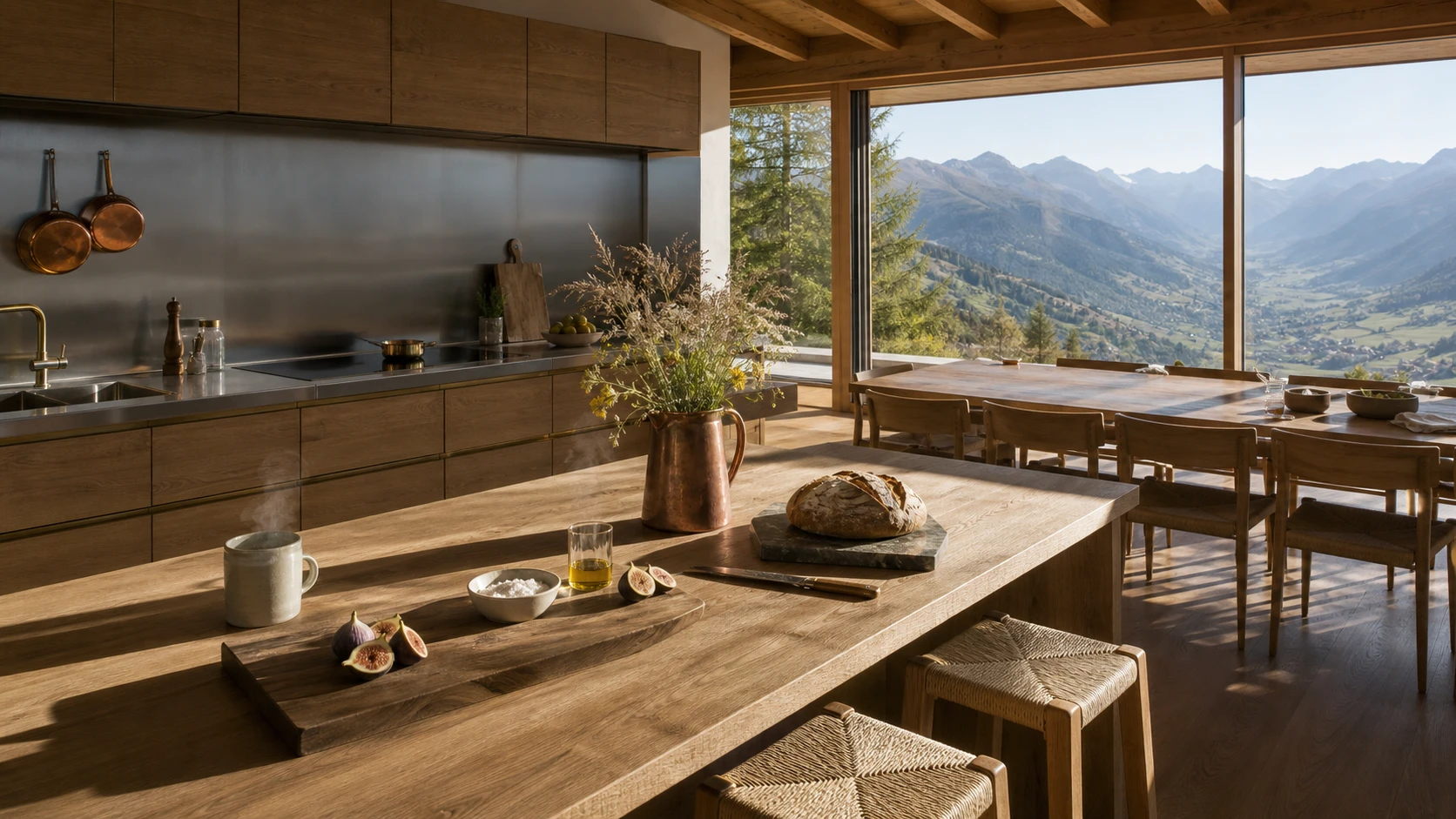 Brushed-steel kitchen with sourdough on a stone slab, halved figs, a copper jug of wildflowers, and morning light from the south windows.