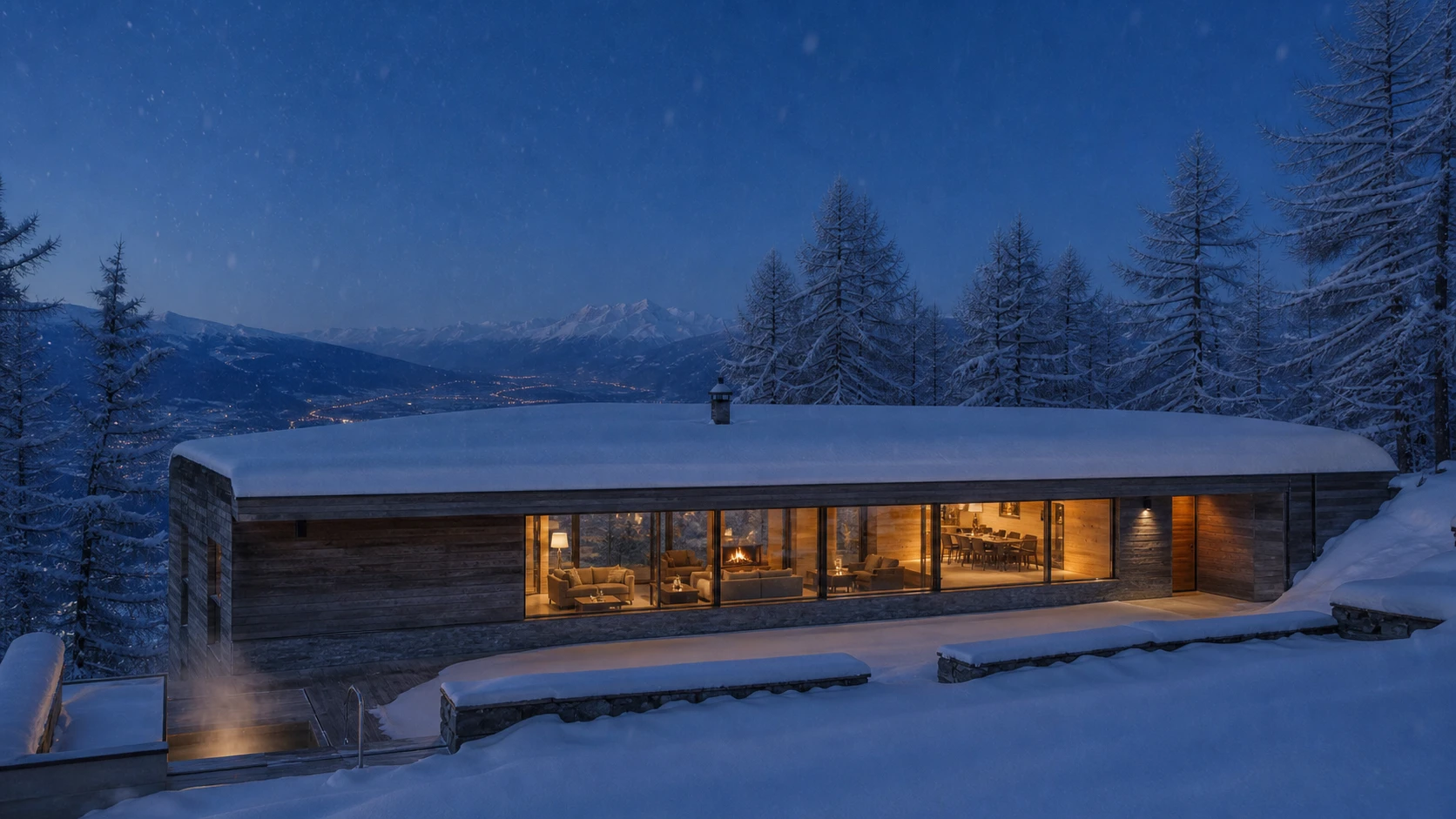 Chalet Solaire at deep winter blue hour, warm interior glowing through the south windows, hot-tub steam rising, snow falling.