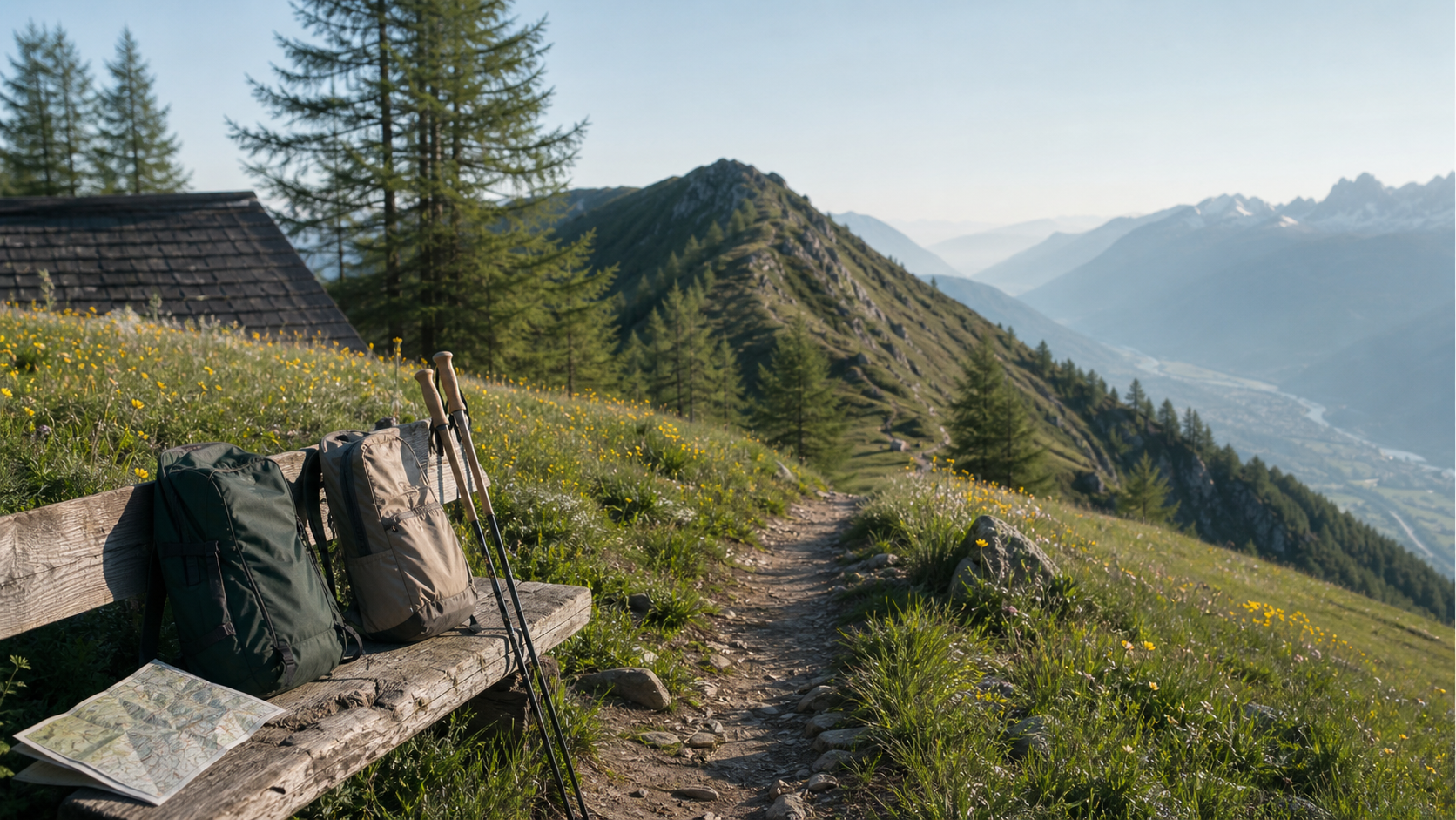 Two daypacks and walking poles beside the summer trail leaving Chalet Solaire's wildflower meadow.