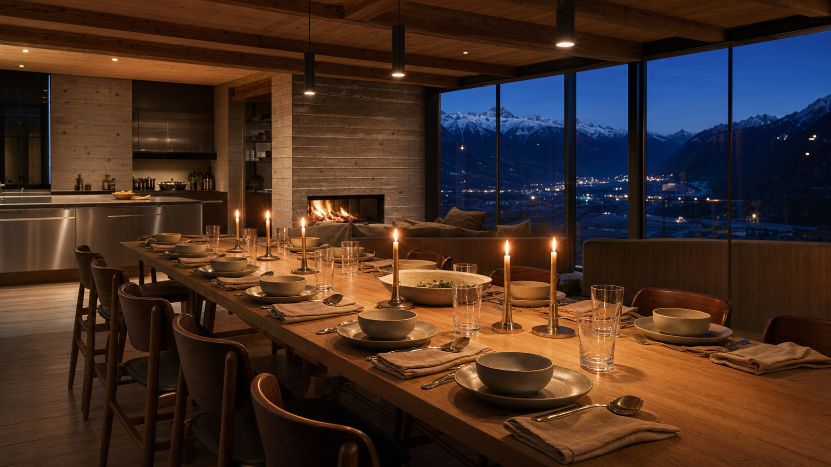 Chalet Solaire's long oak dining table prepared for winter supper above the valley at dusk.