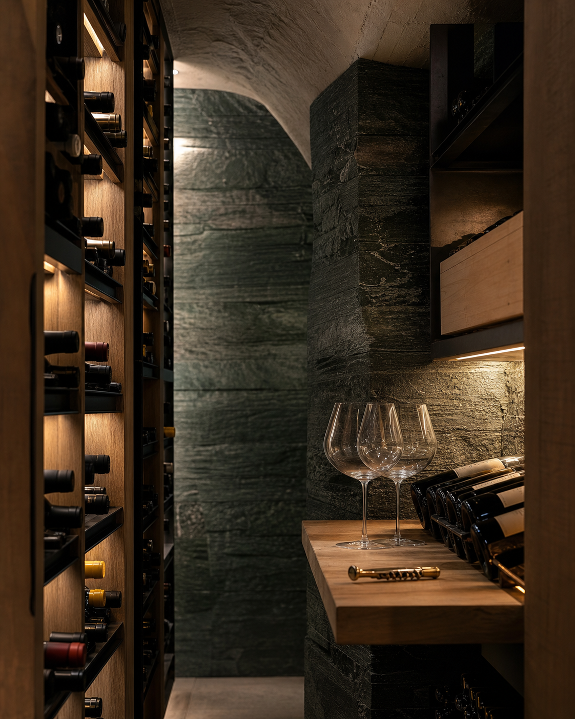 Chalet Solaire's compact Vals quartzite and oak wine cellar with a small tasting ledge.