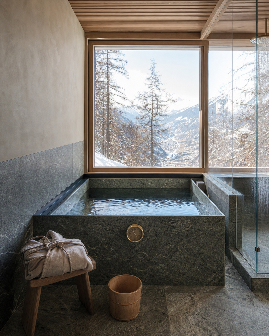 Green Vals quartzite cold plunge at Chalet Solaire facing snowy larches and the Rhône valley.