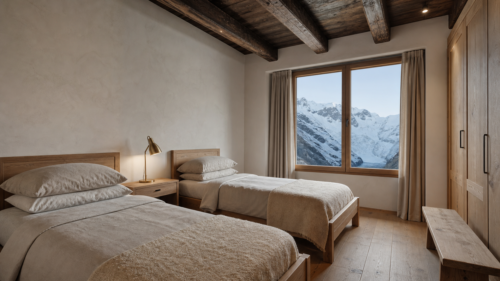 Plaine Morte guest bedroom at Chalet Solaire configured with two oak-framed single beds and a glacier view.