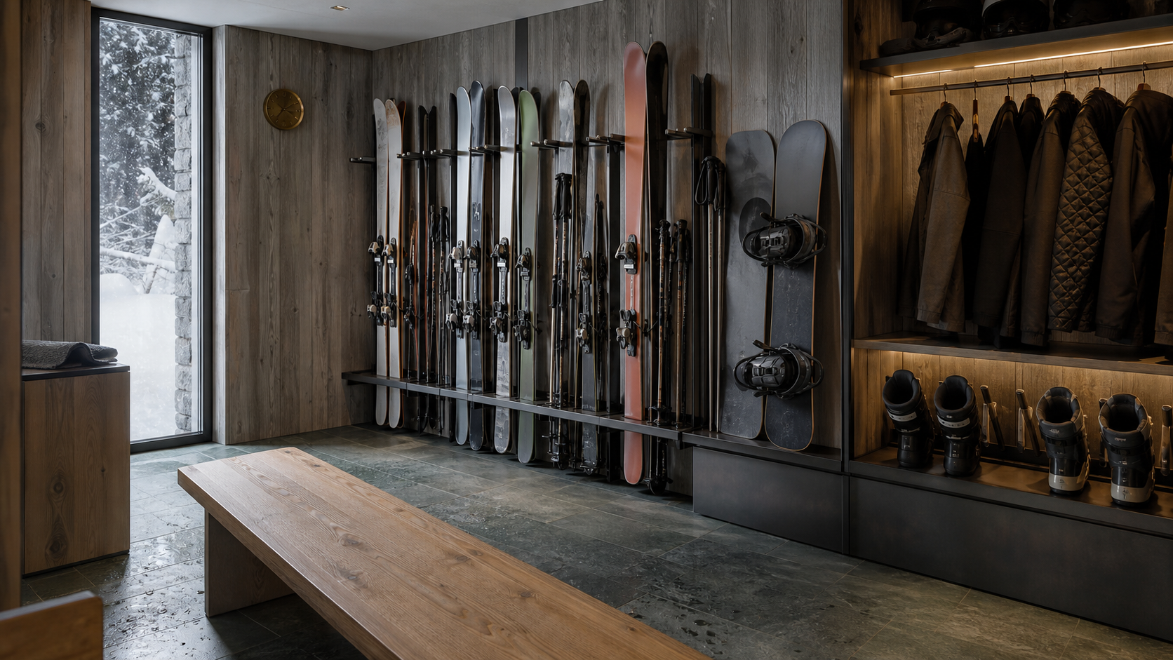 Chalet Solaire's heated ski room with skis, snowboards, boot dryers and fresh snow outside.