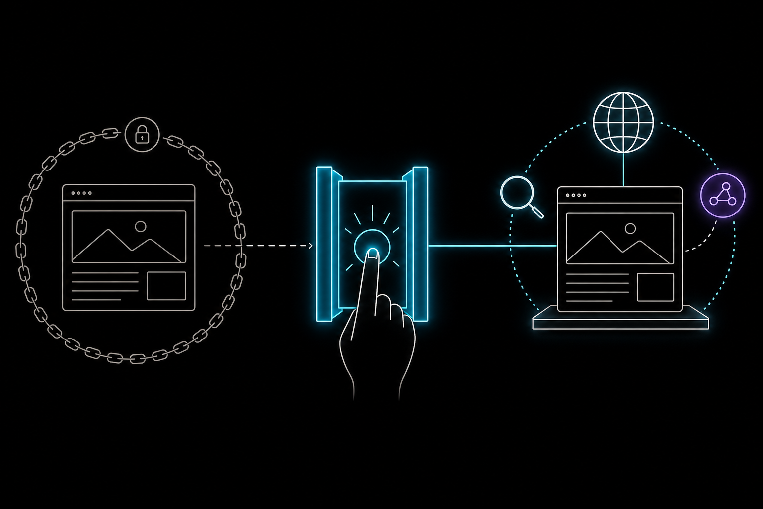 A private linked page passes through a fingertip publish gate into a public discoverable page.