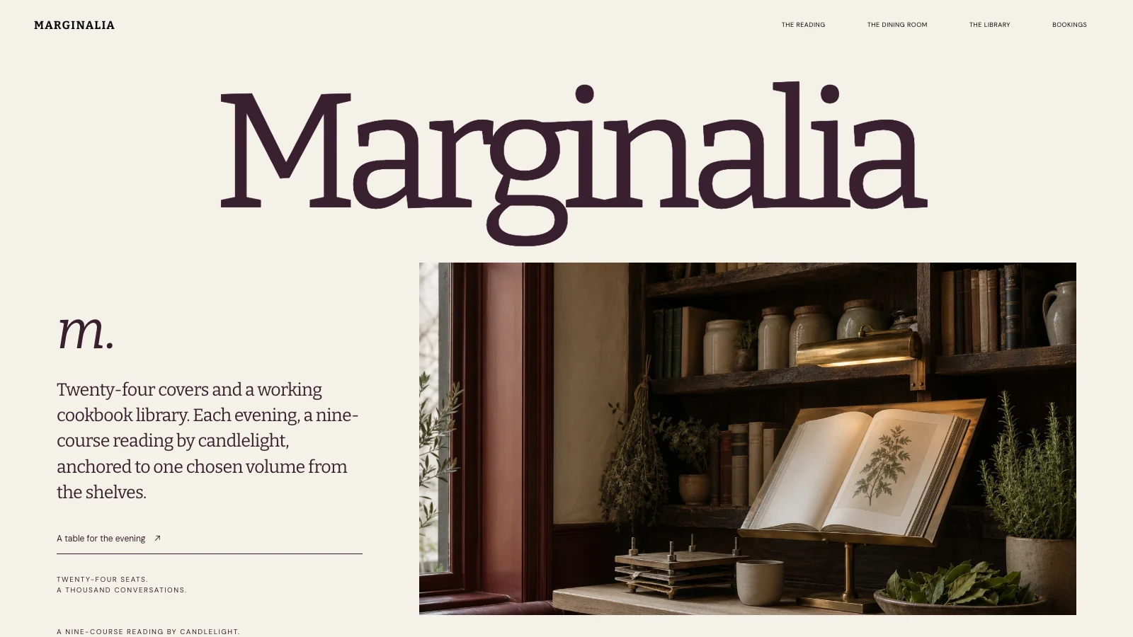The Marginalia homepage: a large plum wordmark on parchment, with an editorial introduction beside a warmly lit cookbook library.
