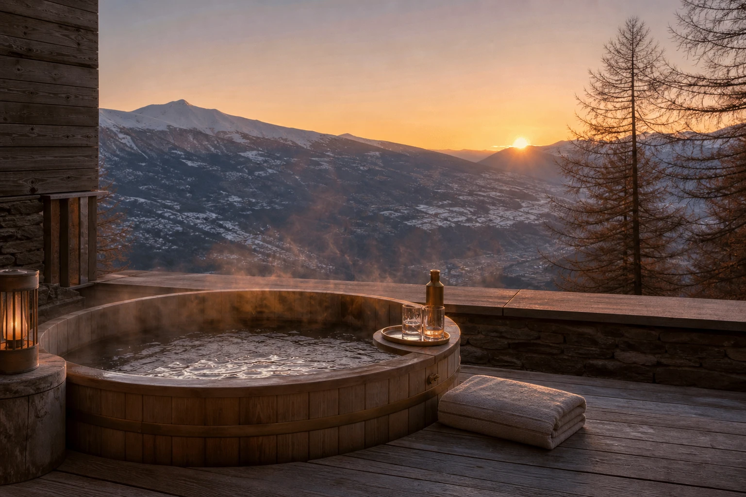 Cedar hot tub overlooking an alpine valley at sunset.