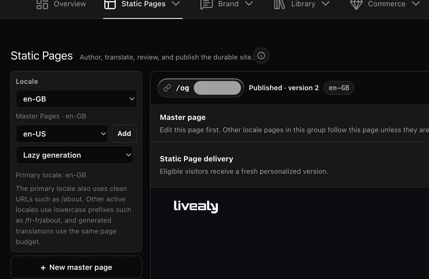 Static Pages editor in the Livealy admin