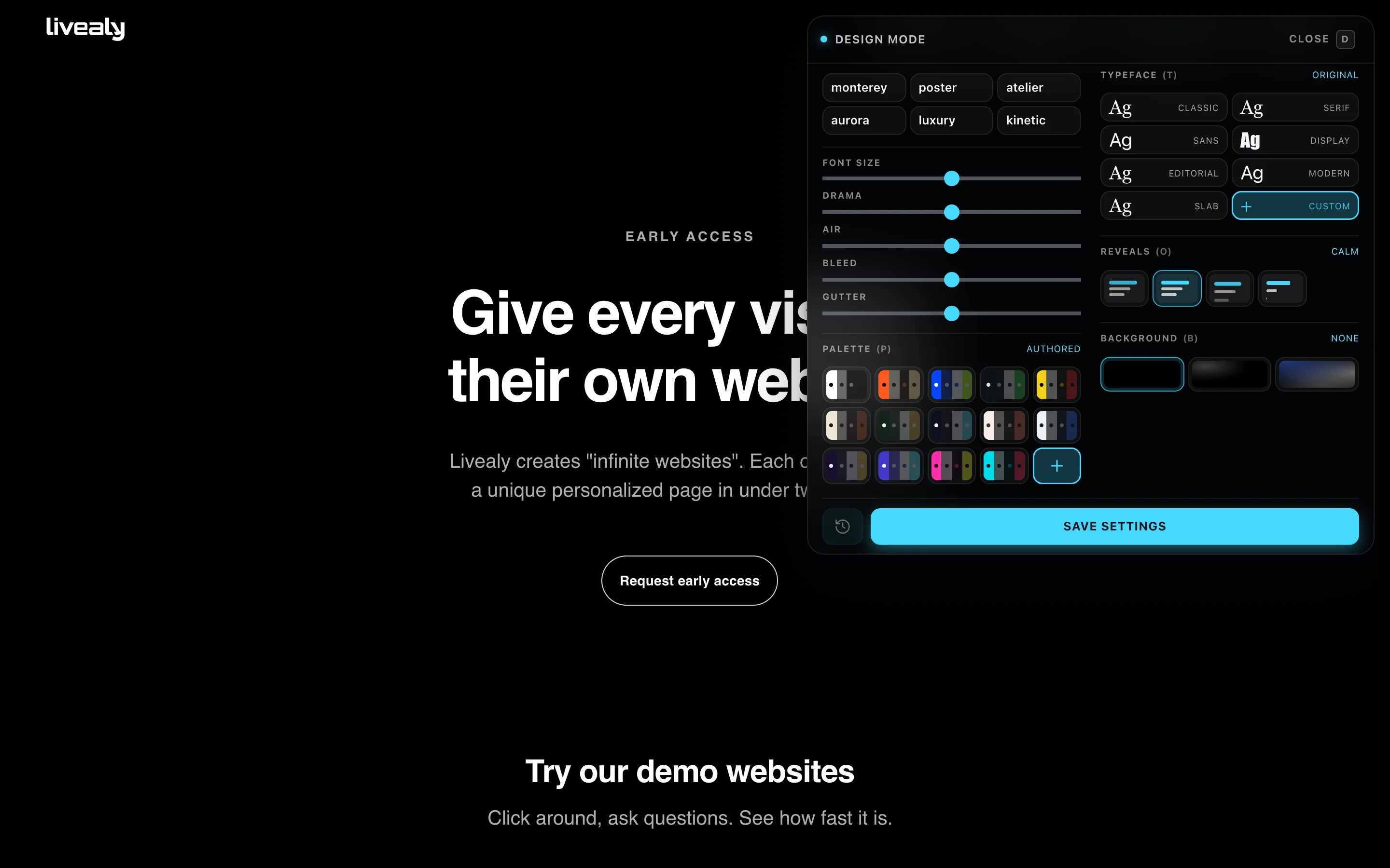 Design Mode open over the Livealy homepage hero: preset chips, sliders for font size, drama, air, bleed and gutter, a typeface picker, palette swatches, and a Save Settings button.