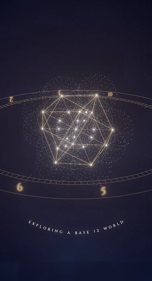 Twelve Around One: a luminous geometric form and golden numerals against a starry sky.