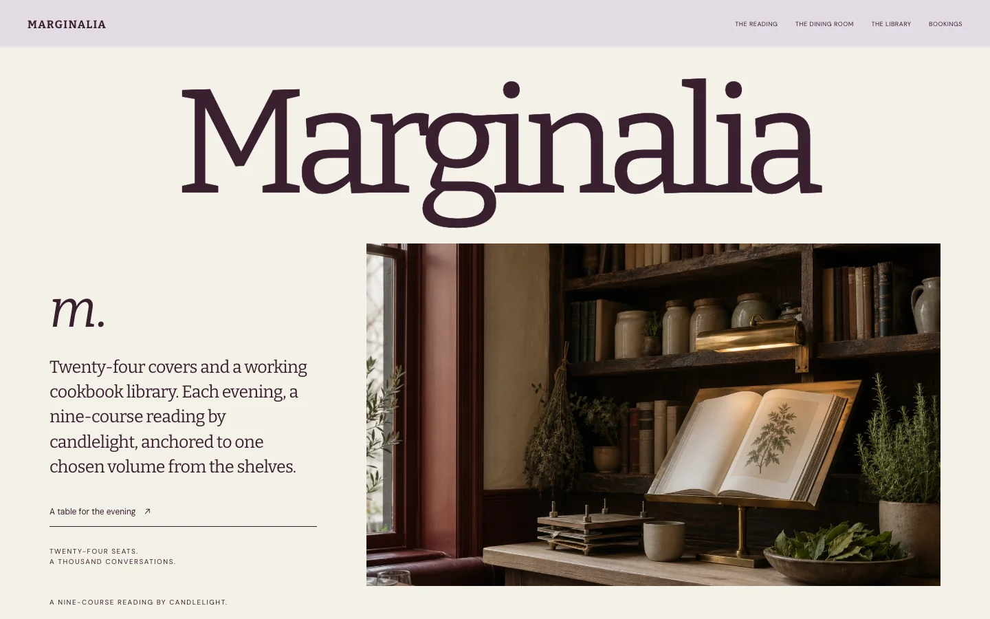 Marginalia: a cookbook library and dining room on a cream page.