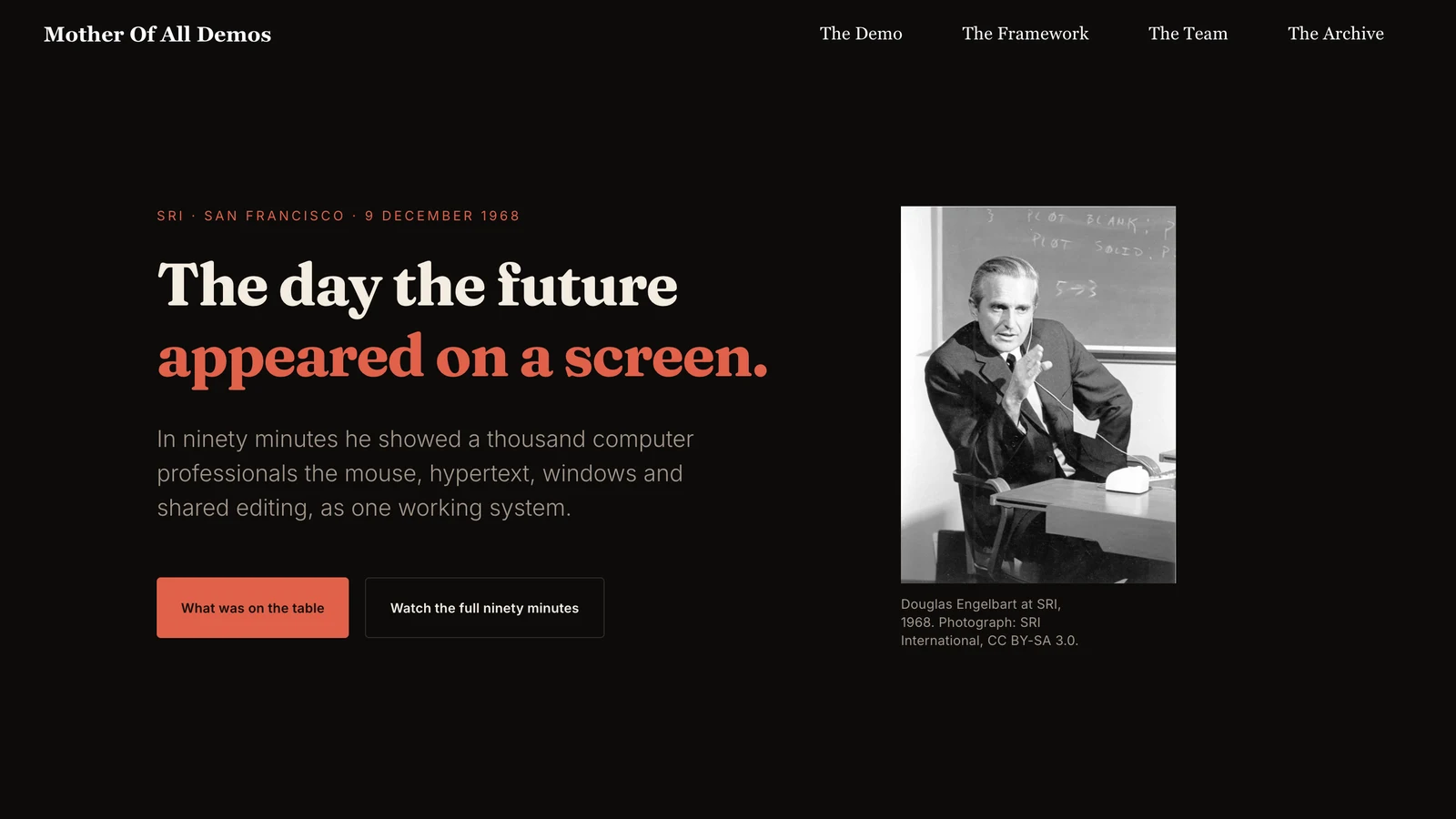 The Mother of All Demos home page: a near-black editorial spread, the headline 'The day the future appeared on a screen' set in cream and coral serif beside an archival photograph of Douglas Engelbart at SRI in 1968.