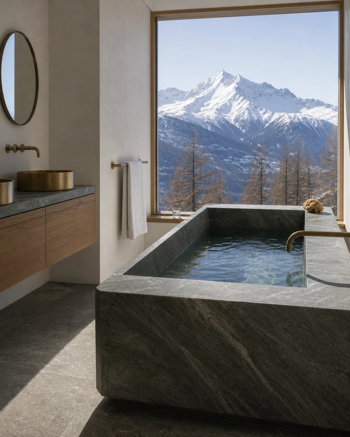 Stone bath beside a floor-to-ceiling alpine window.