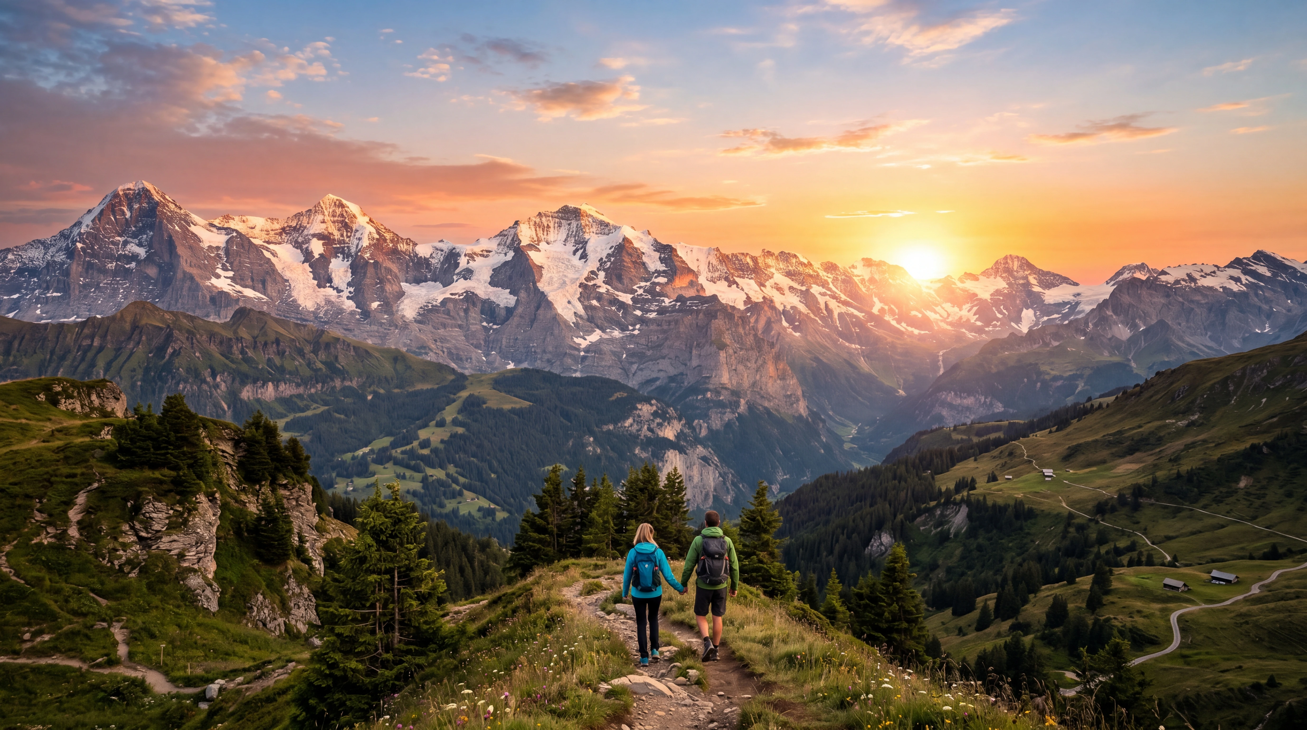 Two hikers on a Bernese Alps ridge at sunset.