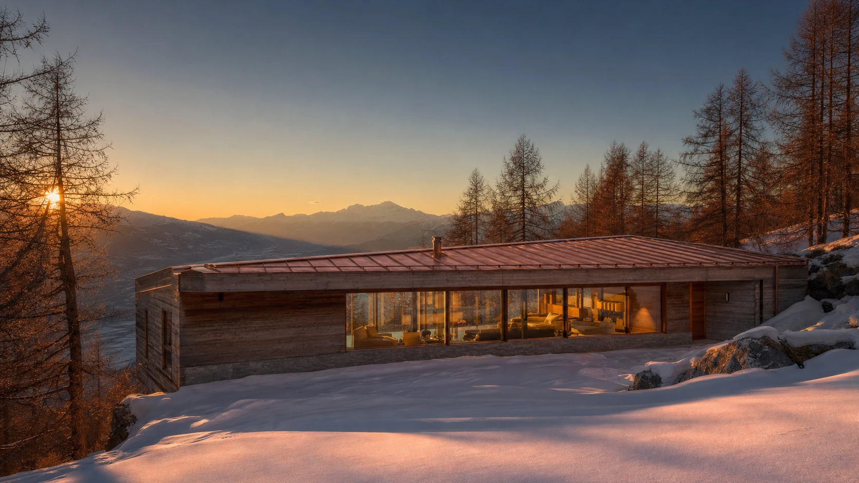 Larch-clad chalet in golden-hour alpine light.