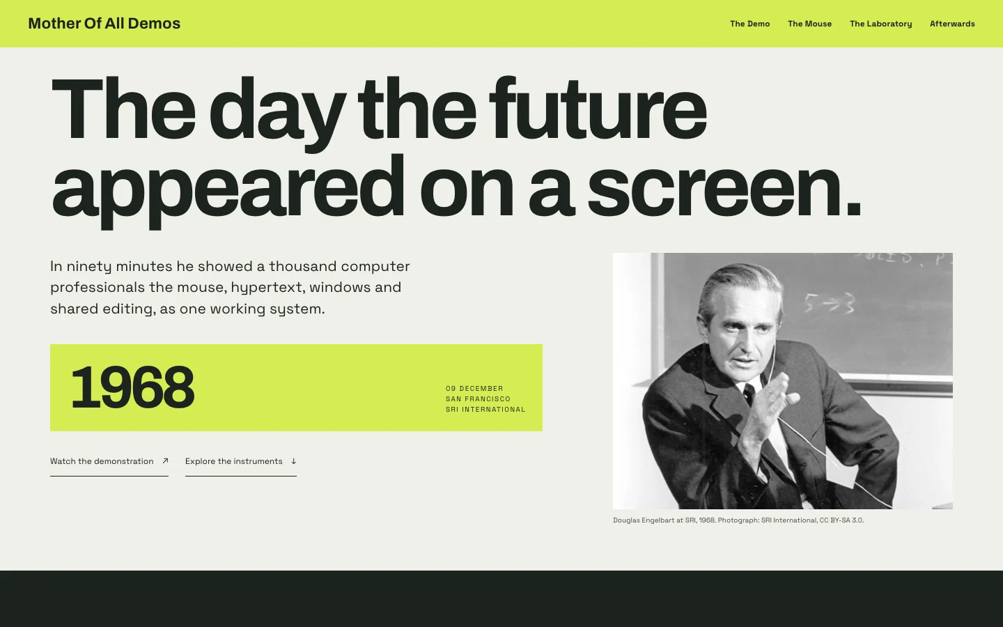 The Mother of All Demos: bold typography, a lime 1968 panel and Douglas Engelbart.