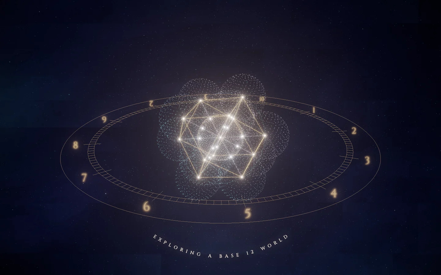 Twelve Around One: a luminous geometric form and golden numerals against a starry sky.