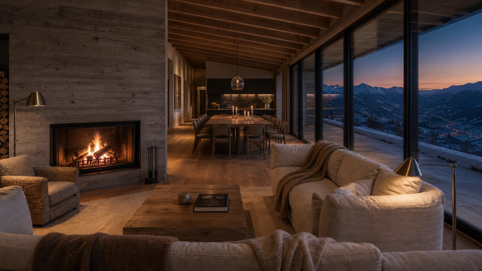 Fire-lit chalet great room at dusk.