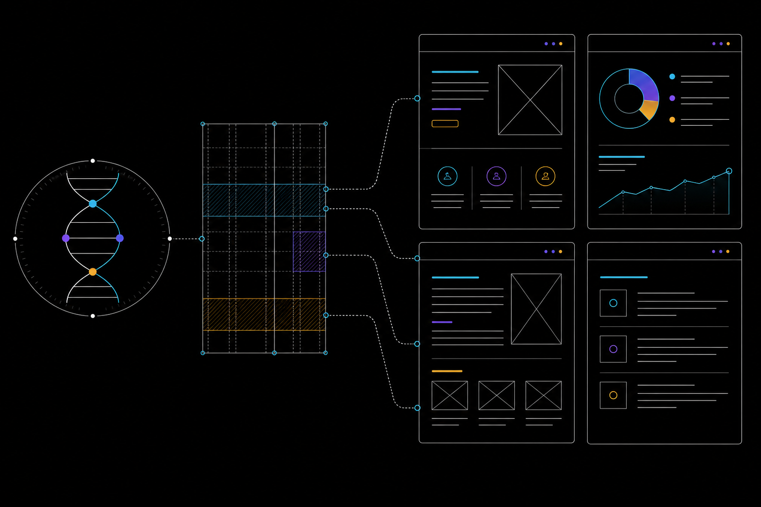 A design genome and layout grid produce four different but visibly related pages.