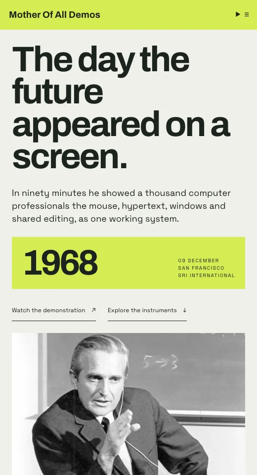The Mother of All Demos: bold typography, a lime 1968 panel and Douglas Engelbart.