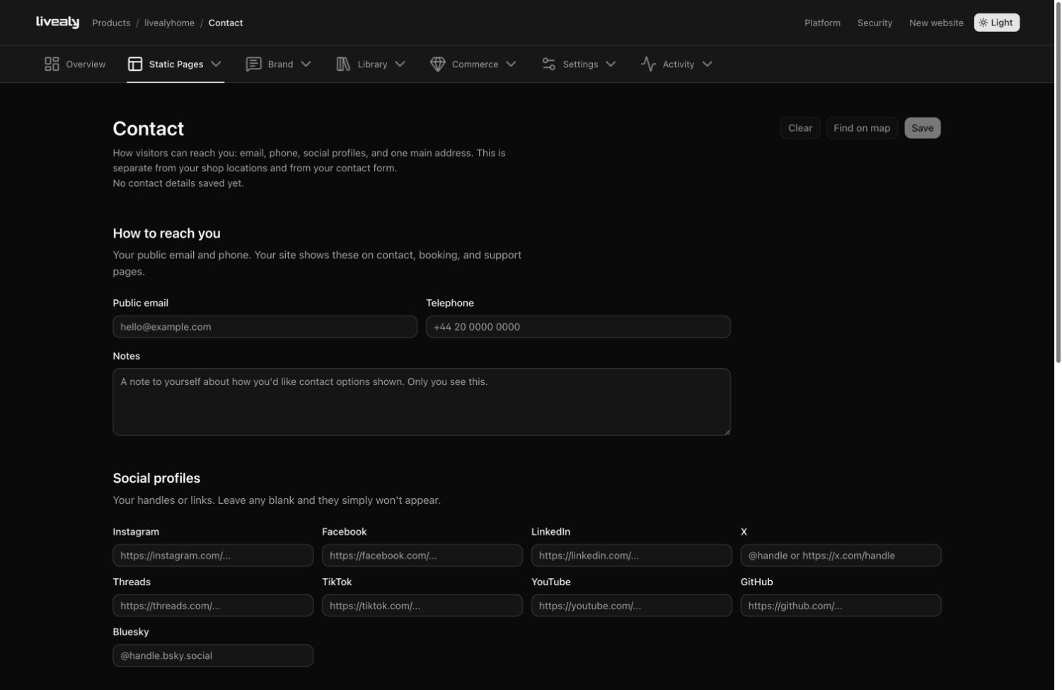 Contact details editor in the Livealy admin