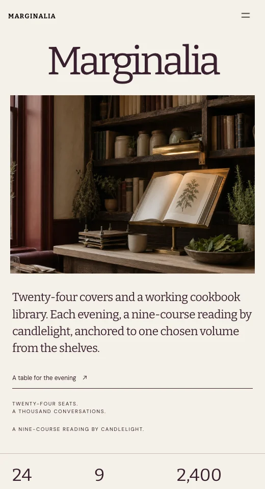 Marginalia: a cookbook library and dining room on a cream page.