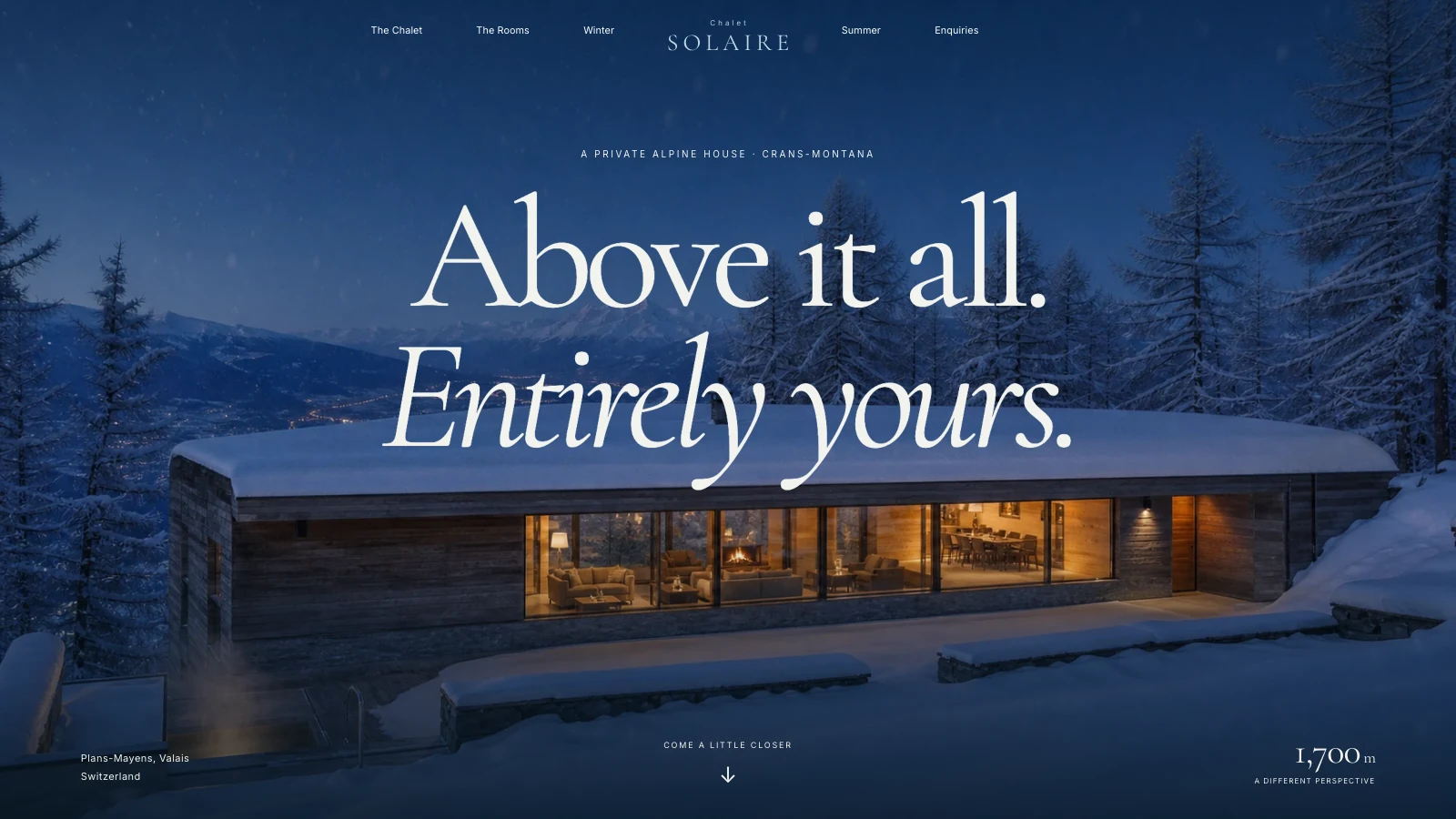 The Chalet Solaire homepage: a snowy alpine house under a blue night sky, with the white headline “Above it all. Entirely yours.”